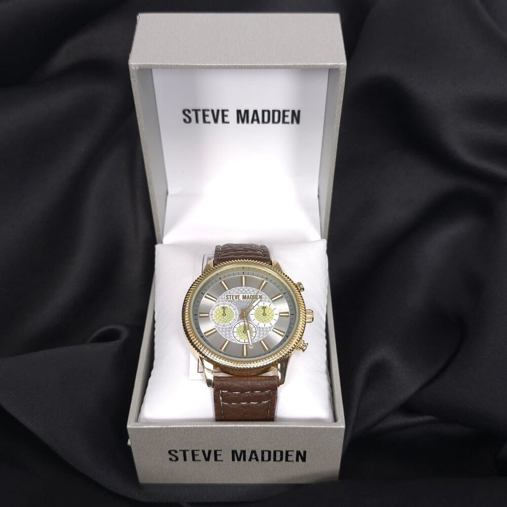 STEVE MADDEN New Men Watch Casual Brown Leather Gold ChRonograph SM-9192SVBN